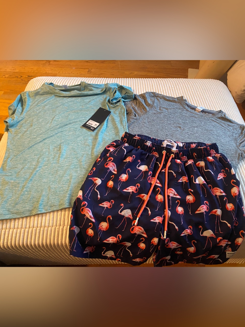 Navy Swim Shorts with Pink Flamingo Print & Flex tops